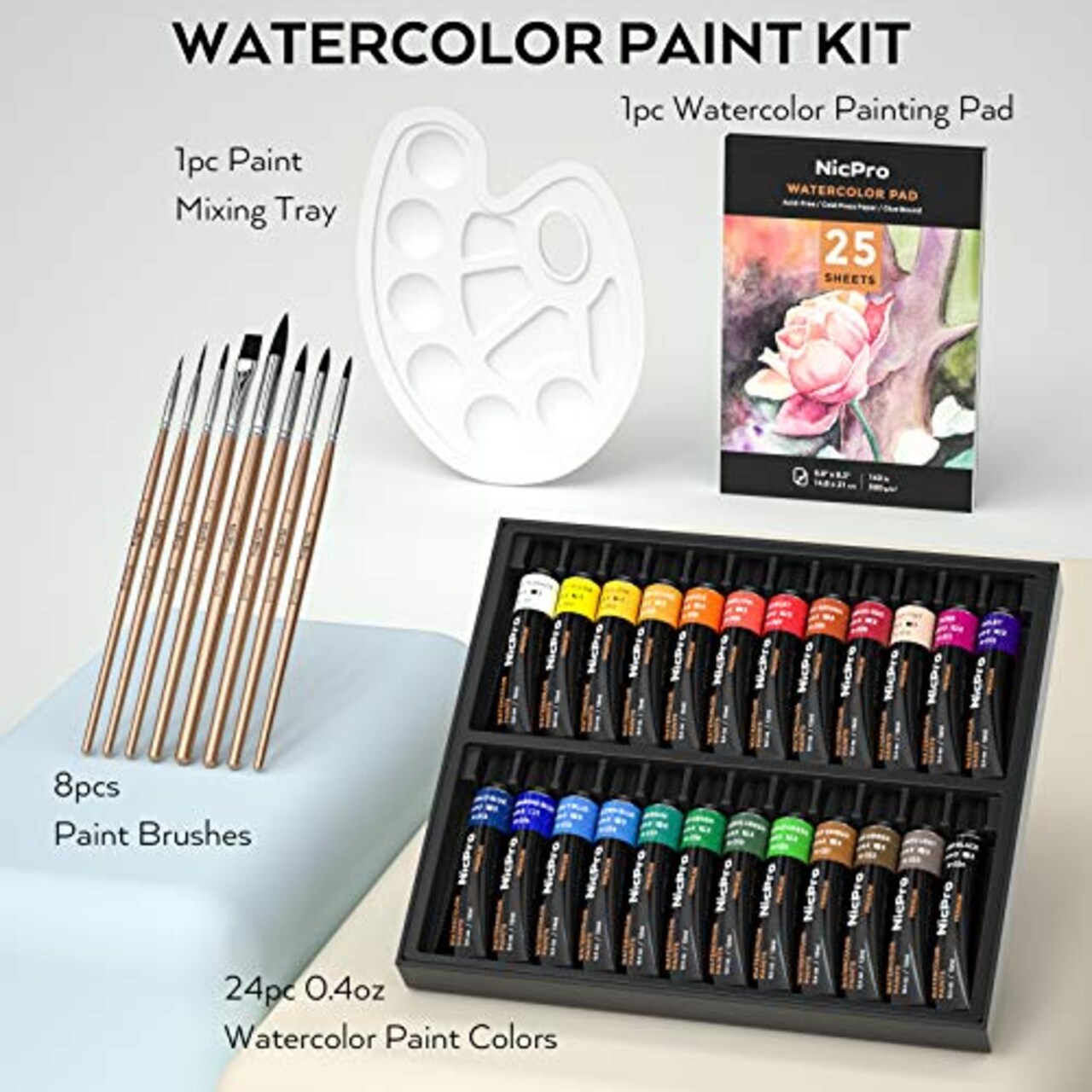 60PCS Watercolor Paint Kit, Professional Painting Supplies Set 24 Tube Water Color Paints, 8 Synthetic Squirrel Brushes, 25 Paper Pad, Palette, Color Wheel for Artists, Beginners, Kids, Adults
